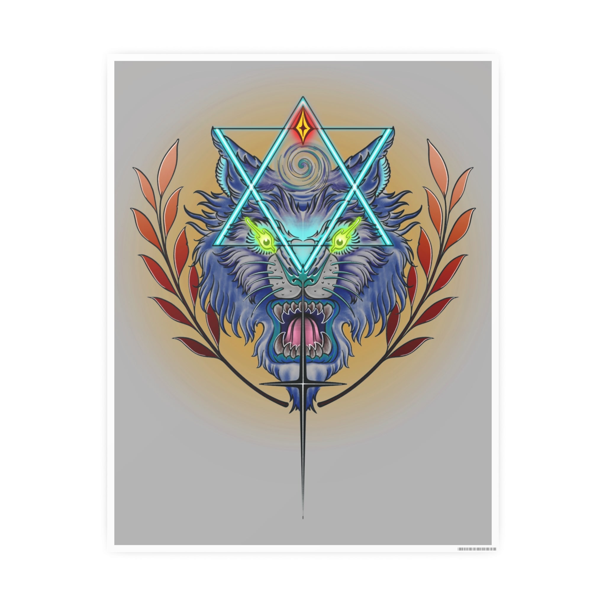 Colorful graphic of a wolf with a star and leaves on a gray background