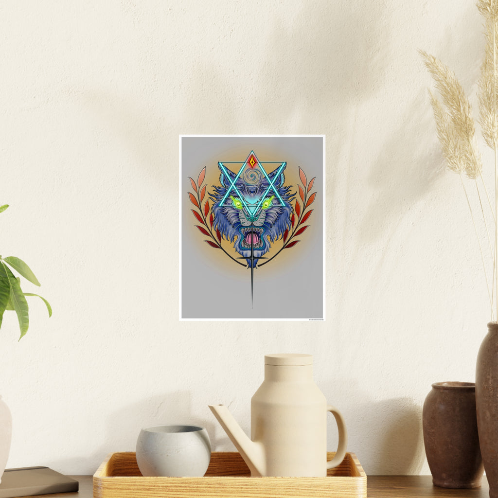Framed artwork of a colorful wolf head with geometric design on a wall above a wooden shelf with decorative items.