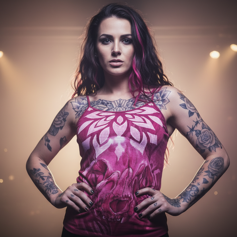 Woman wearing a bleach treated mandala design top in magenta