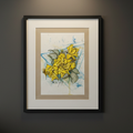 Framed artwork of yellow flowers on a dark wall