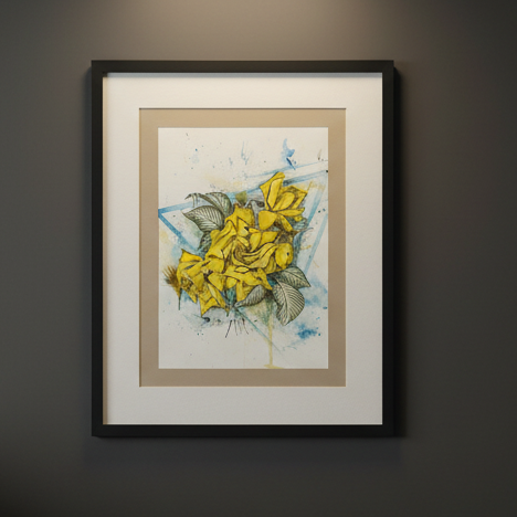 Framed artwork of yellow flowers on a dark wall