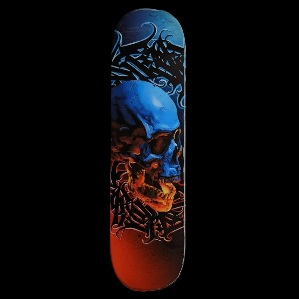 Custom hand-painted skateboard deck by Horus featuring a blue and orange skull with intricate black graffiti lettering and a high-gloss finish.