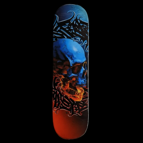 Custom hand-painted skateboard deck by Horus featuring a blue and orange skull with intricate black graffiti lettering and a high-gloss finish.