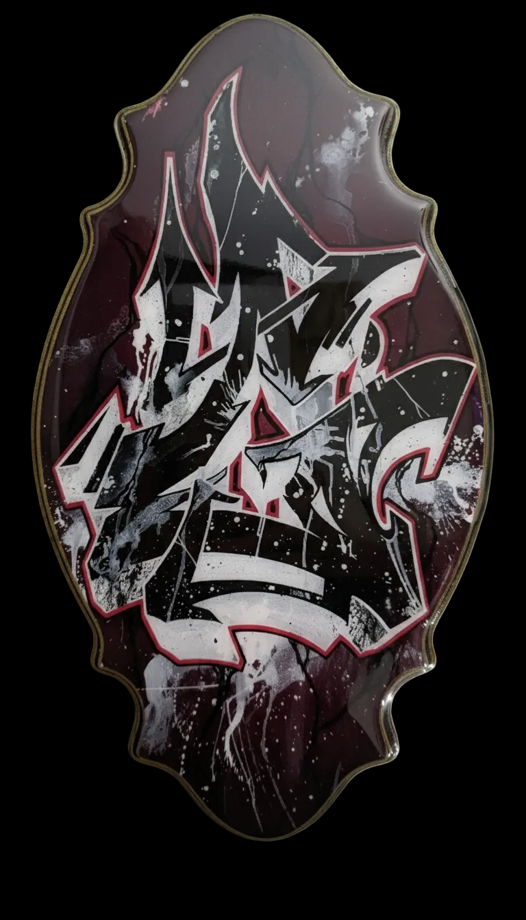 Hand-painted graffiti art plaque by Horus (Trevor Goodwin) featuring bold black and white graffiti “ G “ with a high-gloss epoxy resin finish.