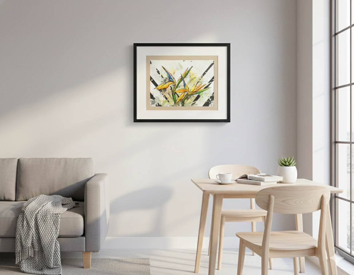 Original framed illustrative painting by Horus featuring vibrant yellow and orange Birds of Paradise flowers with green leaves, set against a splattered background with bold black diagonal stripes.