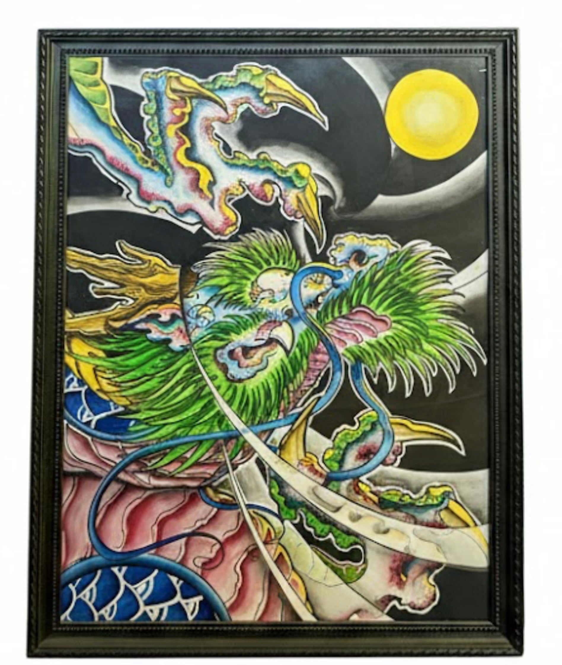 Original framed illustrative painting by Horus at Tuffytats featuring a vibrant green dragon and traditional Japanese wind bars and moon.