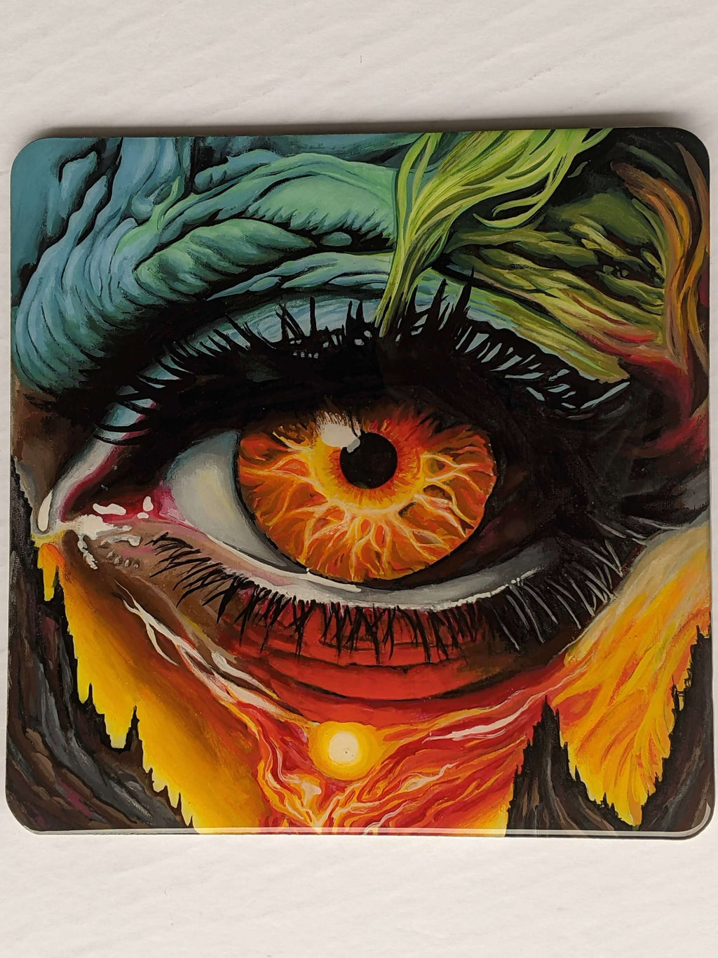 Intricate illustrative painting of a realistic eye by Horus, featuring a fiery orange iris, a sunset reflection, and surreal flowing textures in blue and green.