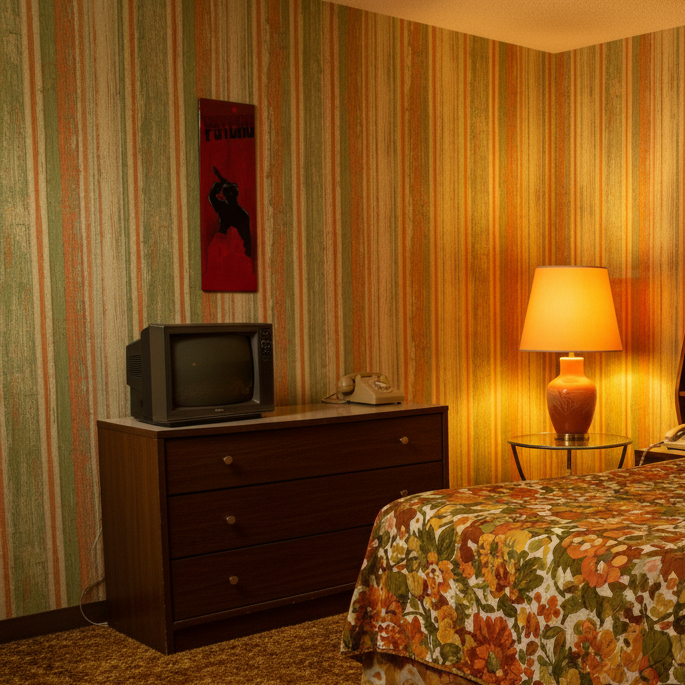 Vintage bedroom with striped wallpaper, television, and floral bedspread.