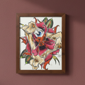Framed artwork of a stylized eye with floral elements on a white background, mounted on a maroon wall.