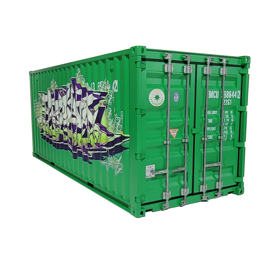 Green shipping container with graffiti design on a white background