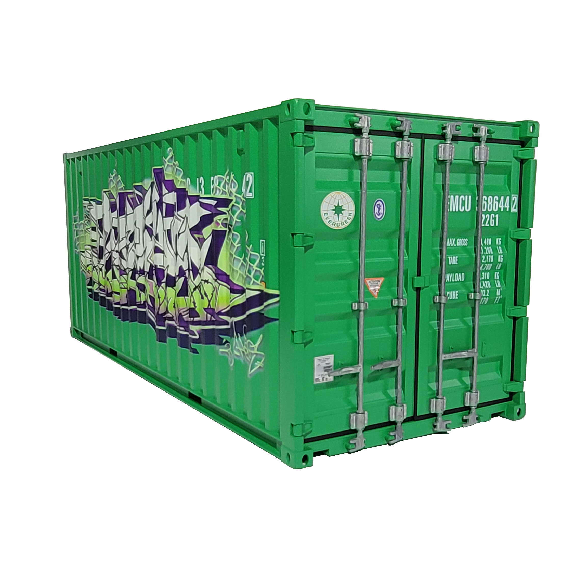 Green shipping container with graffiti design on a white background