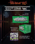 Graffiti-style green crates with purple and white designs on a dark background, featuring text about an artist and product details.
