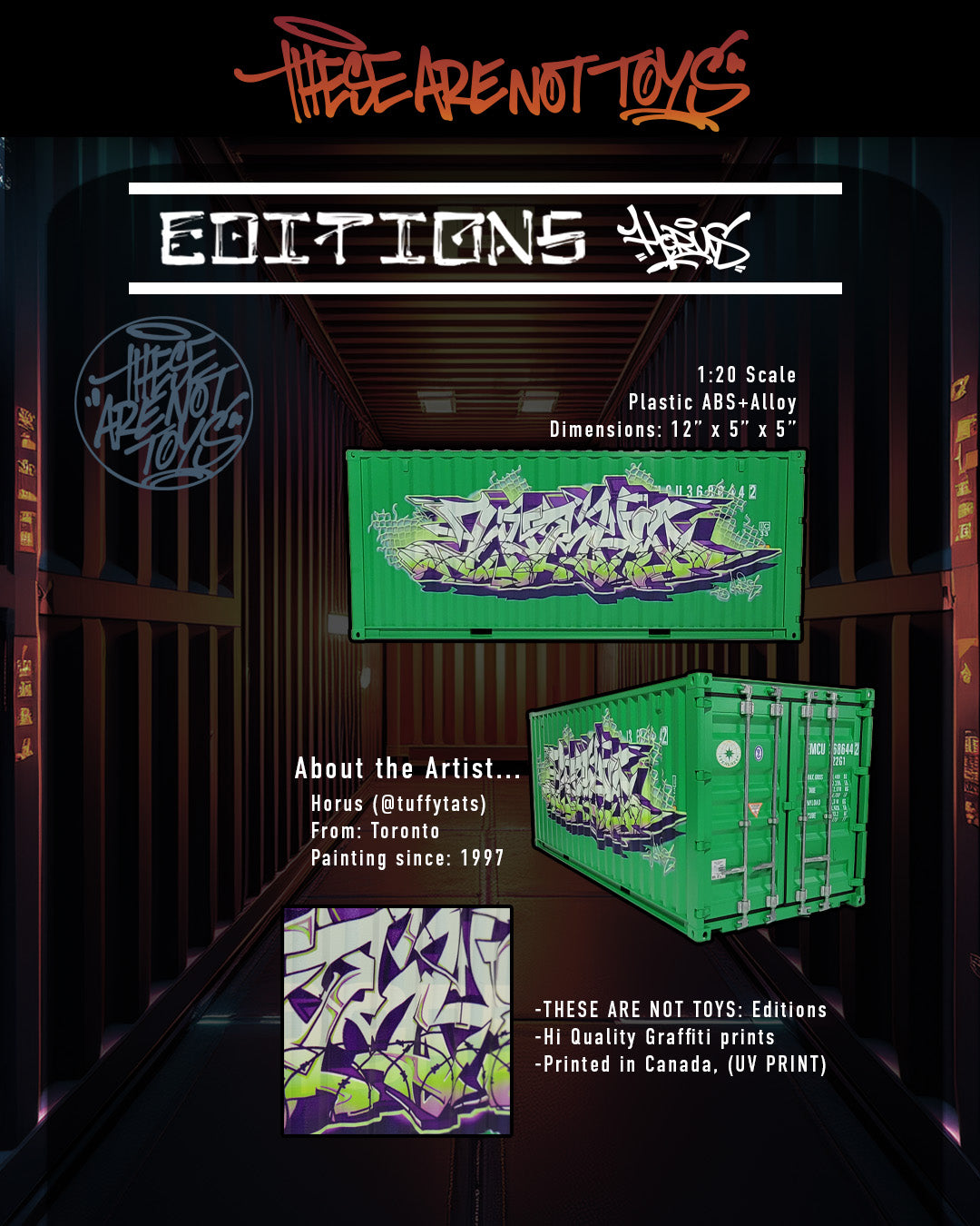 Graffiti-style green crates with purple and white designs on a dark background, featuring text about an artist and product details.