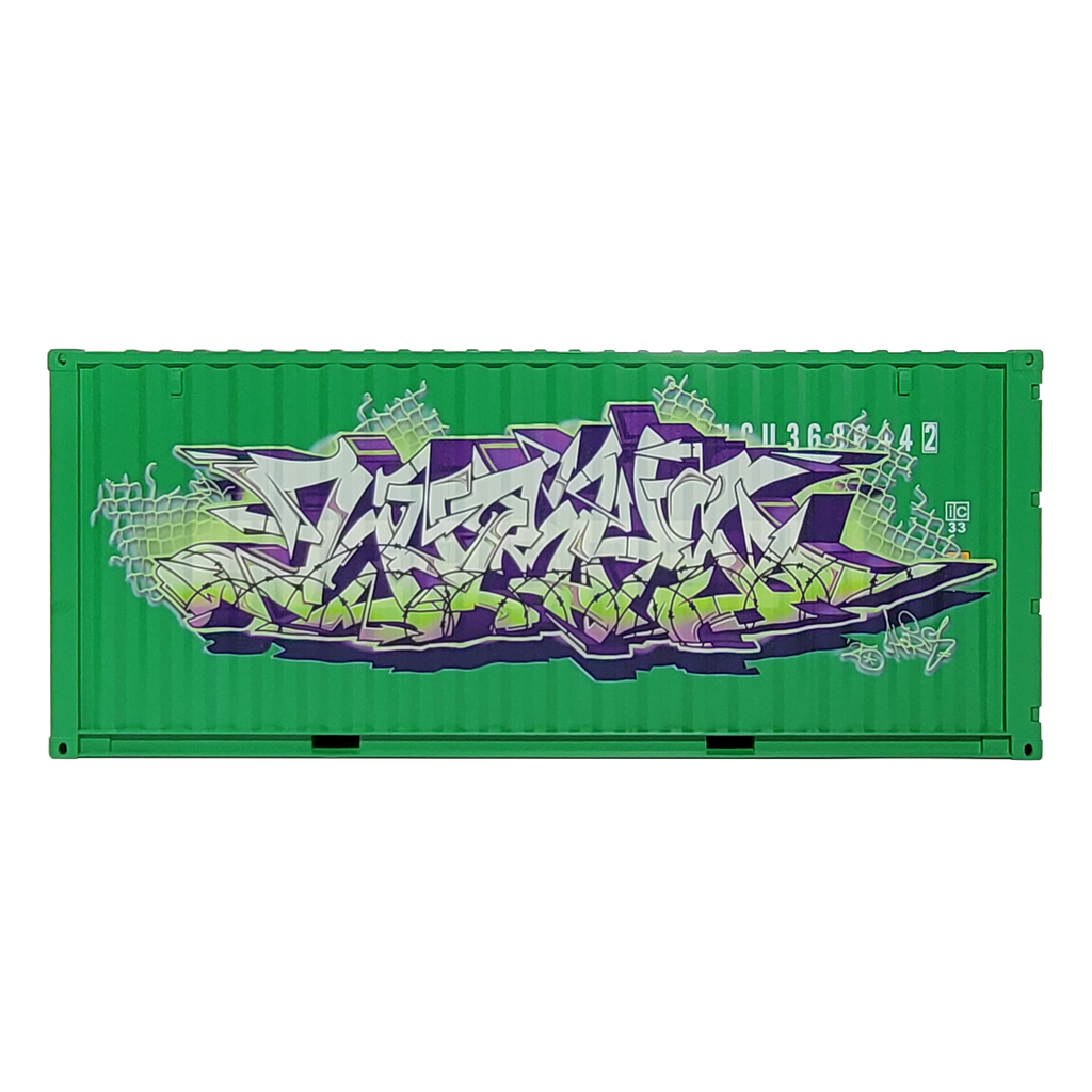 Green container with graffiti-style design on a white background