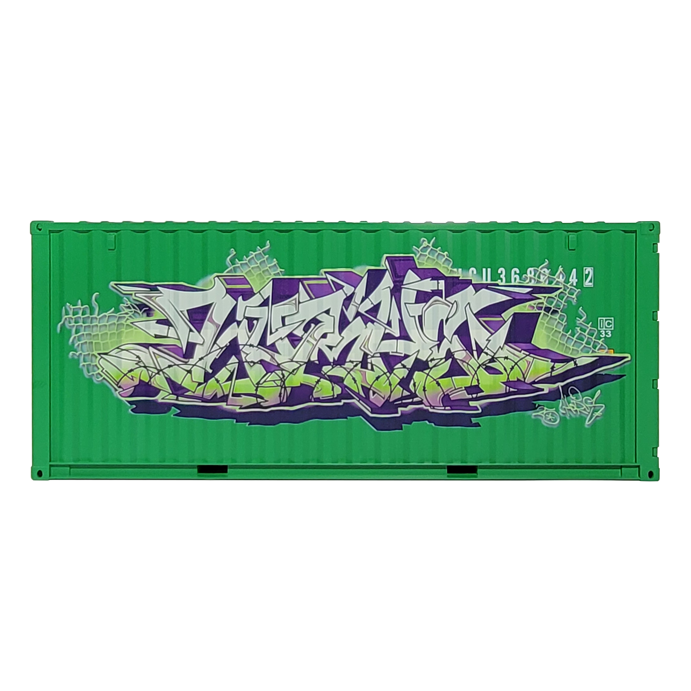 Green container with graffiti-style design on a white background
