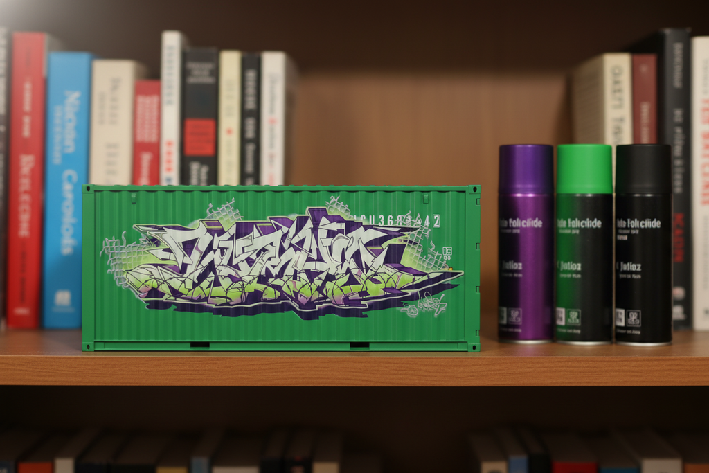 Green container with graffiti design on a bookshelf with books around