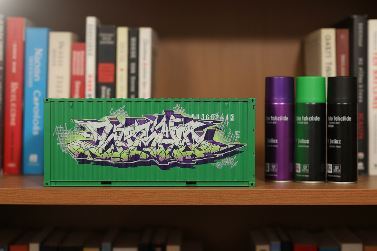 Green container with graffiti design on a bookshelf with books around