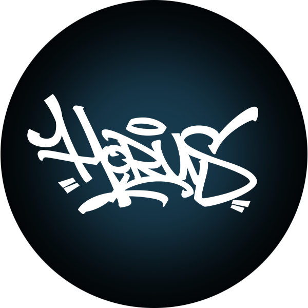 White graffiti-style text on a black circular background