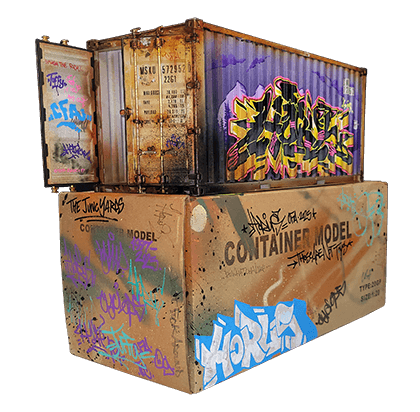 Graffiti-covered shipping container model with visible brand names on a black background