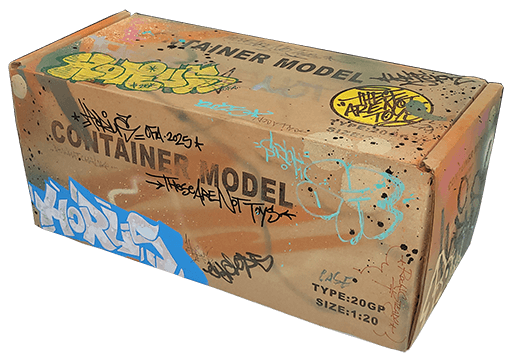 Cardboard box with graffiti-style text and graphics on a black background