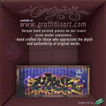 Graffiti-style container with text about graffiti art and a website URL.