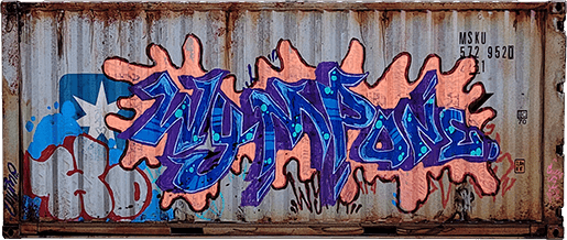Rust-colored metal surface with graffiti-style text and colorful design