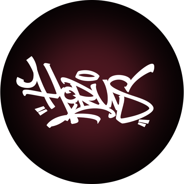 White graffiti-style text on a dark purple circle