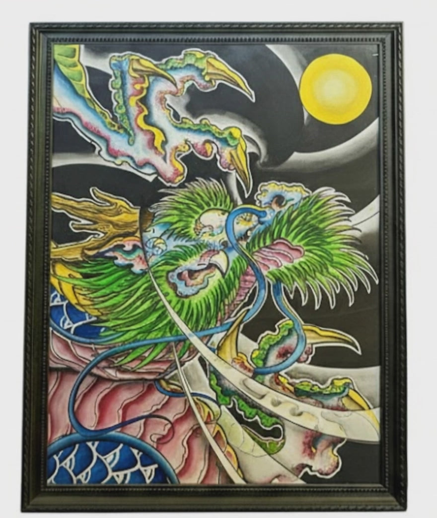 Original framed illustrative painting by Horus at Tuffytats featuring a vibrant green dragon and traditional Japanese wind bars and moon.