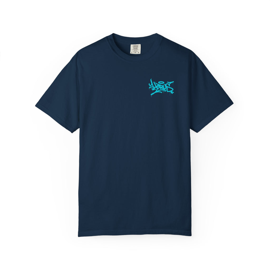 Navy blue t-shirt with a small turquoise logo on a white background