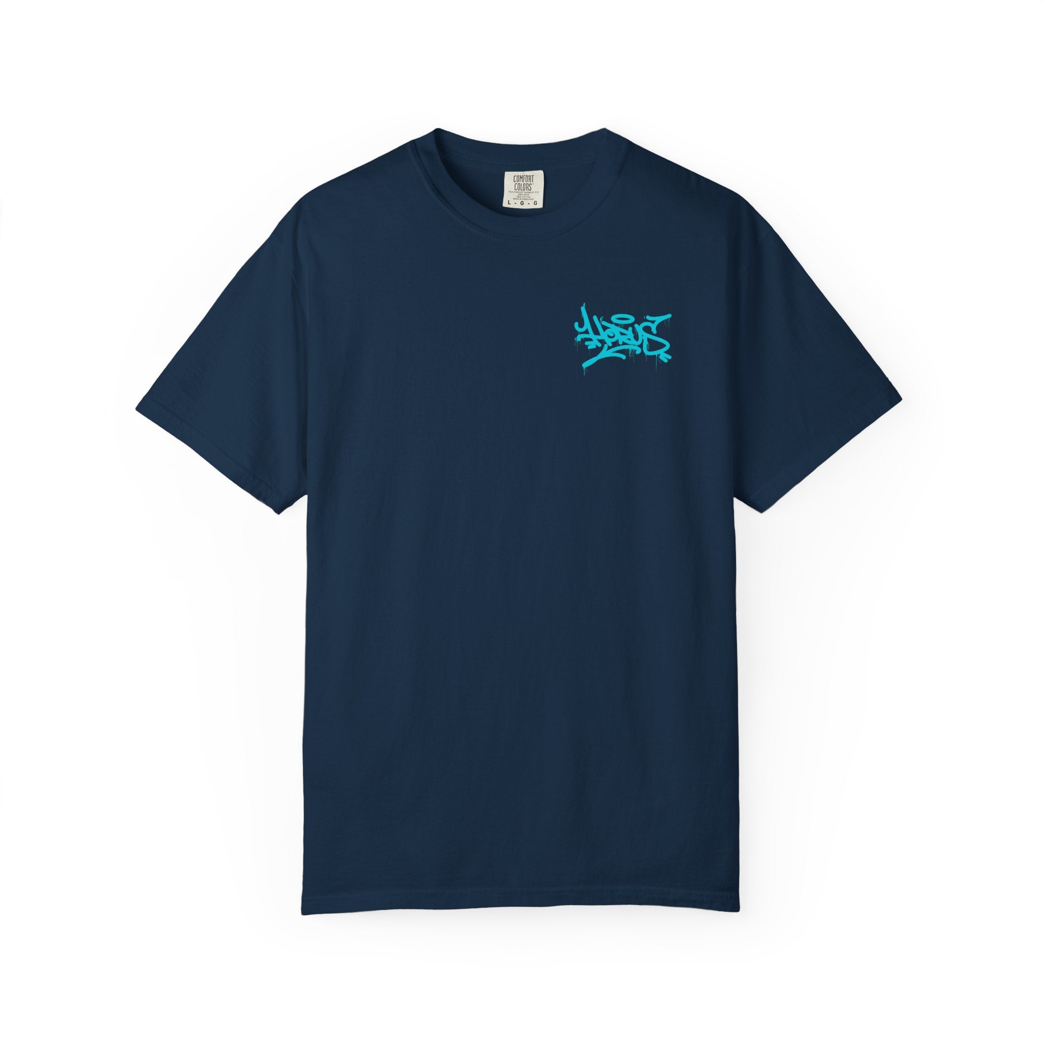 Navy blue t-shirt with a small turquoise logo on a white background