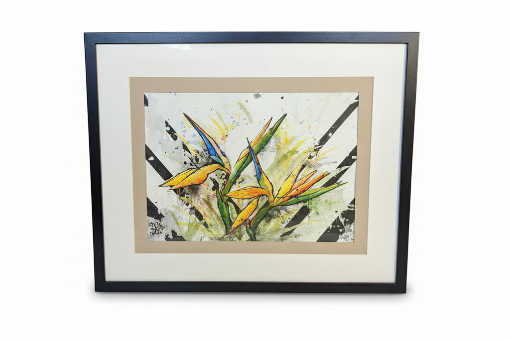 Original framed illustrative painting by Horus featuring vibrant yellow and orange Birds of Paradise flowers with green leaves, set against a splattered background with bold black diagonal stripes.