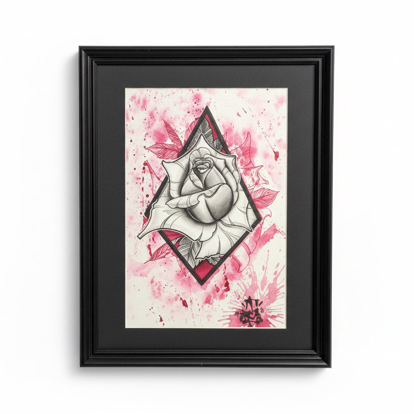 Original framed illustrative painting by Horus featuring a black and grey rose centered in a diamond border, accented by vibrant pink watercolor splashes and ink splatters.